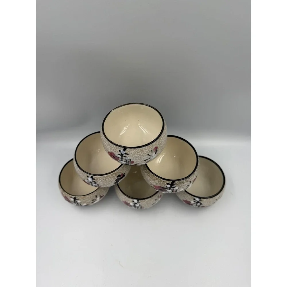 Set of 6 Hand Painted Ceramic Tea Cups Oatmeal Speckled Floral Asian Teaware